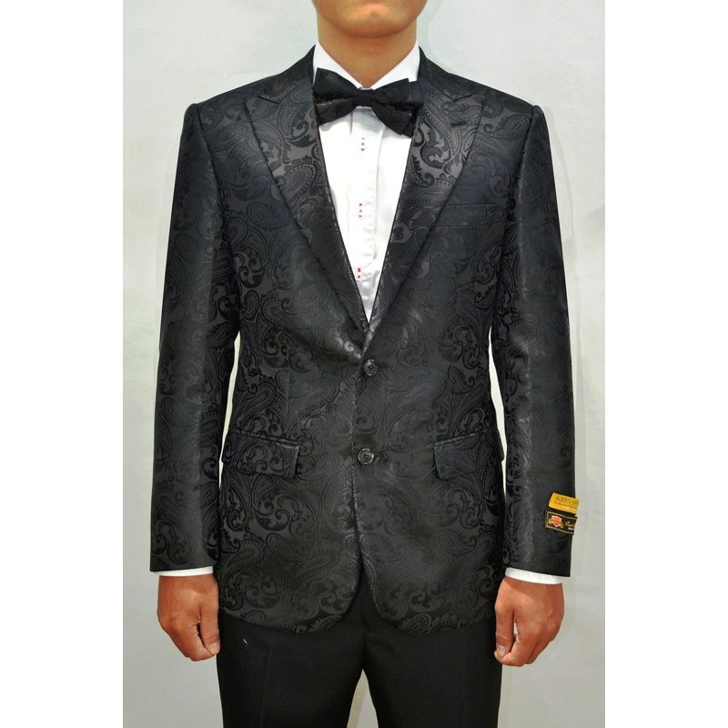 Black Floral Tuxedo with Shawl Lapel and 2 Button Closure — Mens Suits & Blazers