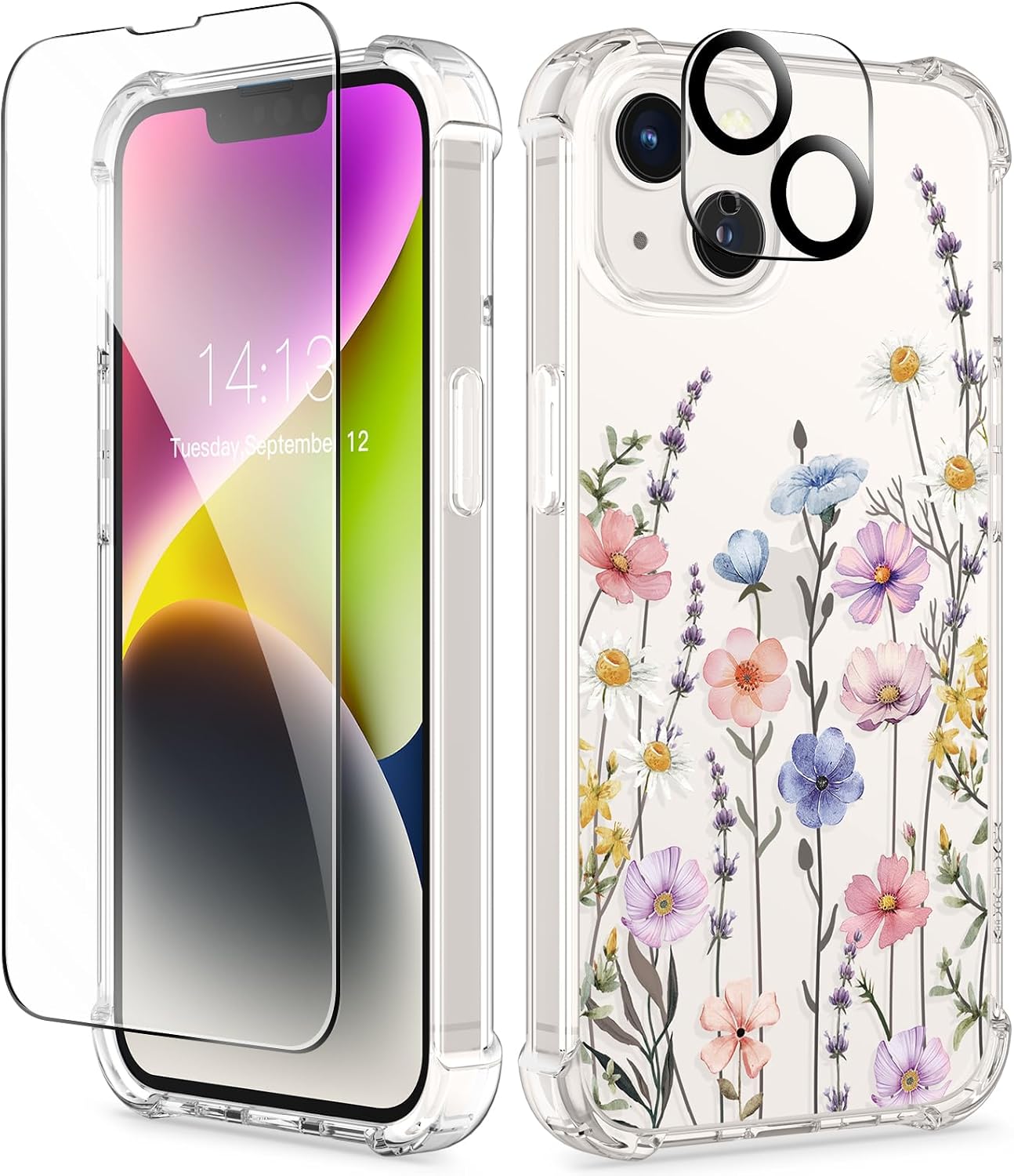 Étui Floral GVIEWIN pour iPhone 14 Plus avec Protecteurs d'Écran et de Lentille — Coque de téléphone