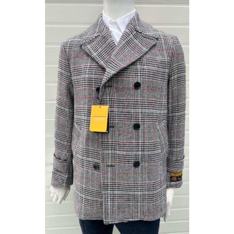 AlbertoNardoniStore Men's Gray Plaid Peacoat — Winter Jacket Men