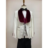 Tuxedo Ivoire et Bourgogne - Costume de Marié avec Gilet et Pantalon