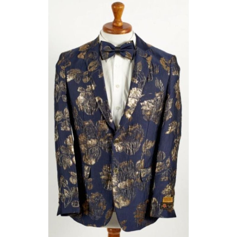 Blazer Floral Paisley Bleu Marine et Or à 2 Boutons pour Hommes Alberto Nardoni — Costumes et vestons pour hommes