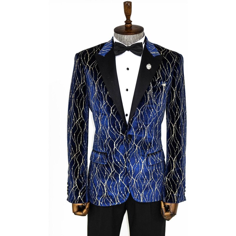 Blazer Tuxedo Ajusté Bleu Marine à Motif Doré — Costumes et vestons pour hommes