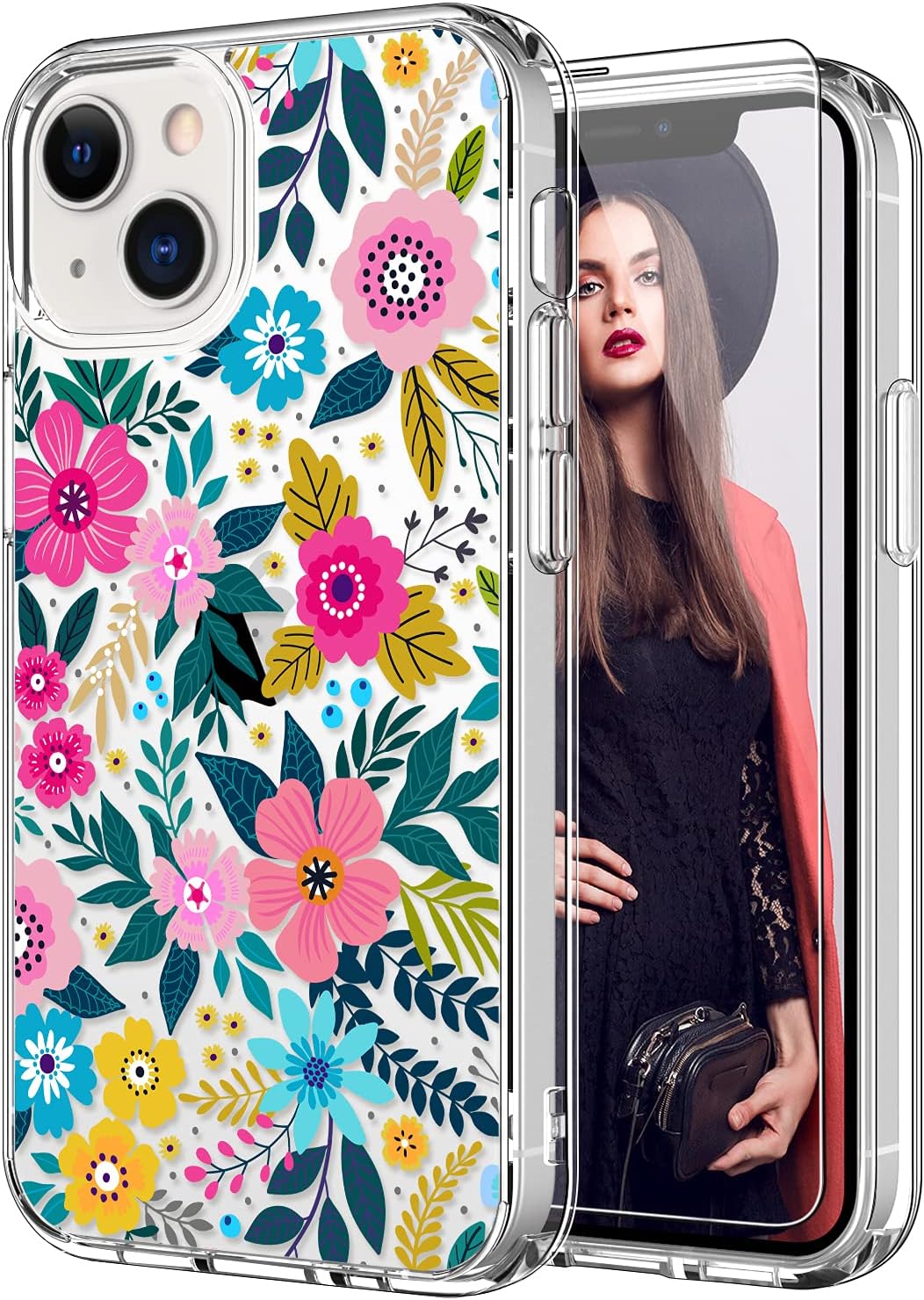 Coque ICEDIO pour iPhone 13 Mini avec Protecteur d'Écran, Floral Transparent — Coque de téléphone