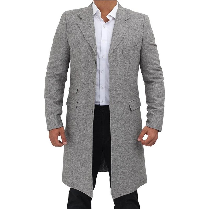 Manteau Long Gris en Laine pour Homme avec Col Rabattu — Accessoires de mode