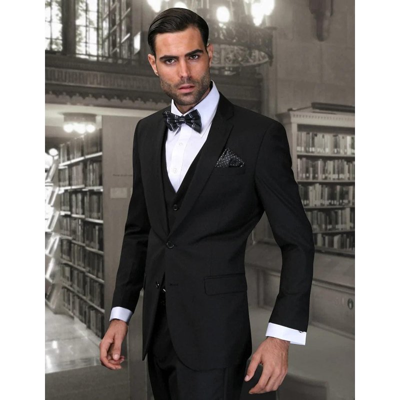 Mens 2 Button Skinny Vested Wool Suit Black — Mens Suits & Blazers