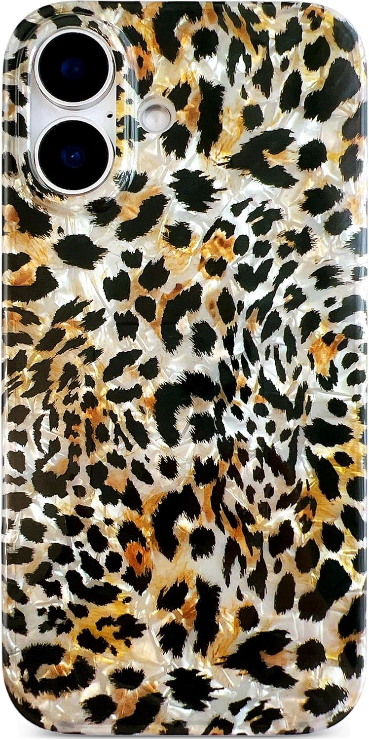 Qokey iPhone 16 Case 6.1 Inch with Seashell Layer and Cheetah Print — Phone Case