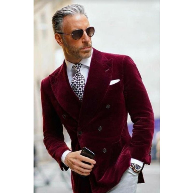 Blazer en Velours Double Boutonnage pour Hommes - Bourgogne — Costumes et vestons pour hommes