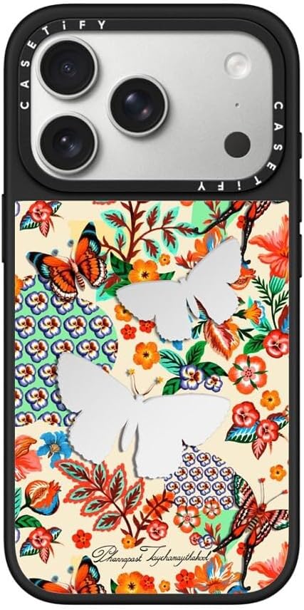 Étui miroir CASETiFY pour iPhone 17 Pro - Butterfly Haven - Argent sur Noir — Coque de téléphone