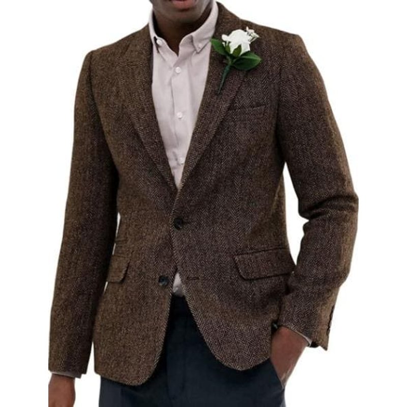 Herringbone Blazer with Two Buttons and Functional Pockets — Mens Suits & Blazers