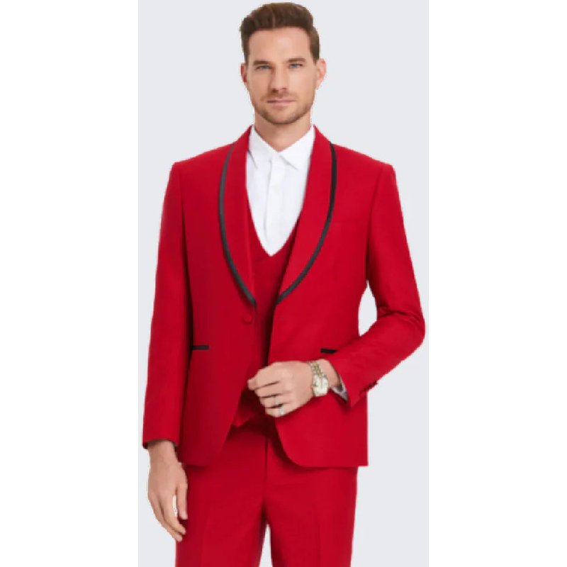 Tuxedo Texturé Rouge avec Bord Satin - Ensemble Trois Pièces — Costumes et vestons pour hommes