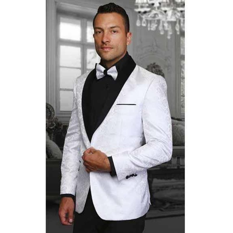 Men's White Two-Toned Paisley Shawl Lapel Blazer — Mens Suits & Blazers