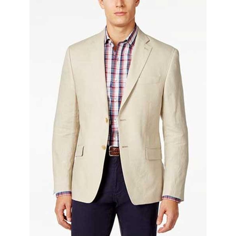 Men's Tan Linen Classic Fit Blazer with Two Buttons — Mens Suits & Blazers
