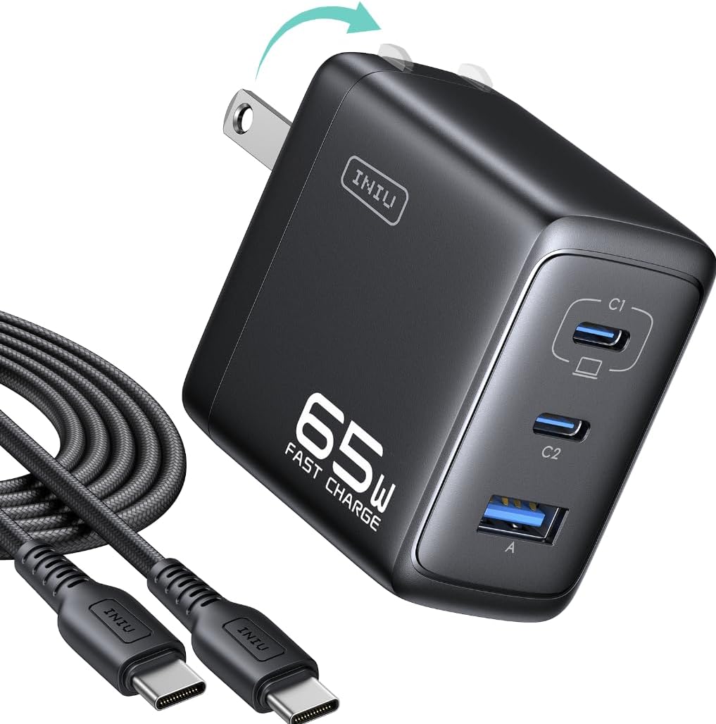 Bloc de Chargeur USB C INIU à 3 Ports, Charge Rapide 65W PD — Chargeur Rapide Usb C
