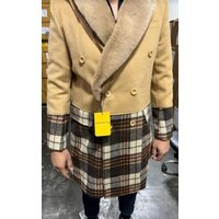 Mens Plaid Overcoat - Wool Peacoat - Plaid Topcoats Tan