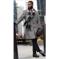 AlbertoNardoniStore Men's Wool Grey and Black Glen Plaid Overcoat — Winter Jacket Men