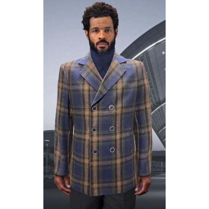 Manteau en Plaid pour Hommes - Alberto Nardoni - Carcoat en Laine Bleu — Veste d'hiver Hommes