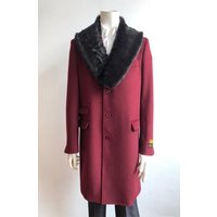 Men's Burgundy Wool Topcoat with Fur Collar — Winter Jacket Men