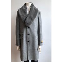 Men's Light Gray Wool Overcoat with Fur Collar — Winter Jacket Men