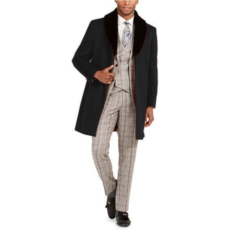 Men's Black Wool Car Coat with Faux-Fur Collar — Winter Jacket Men