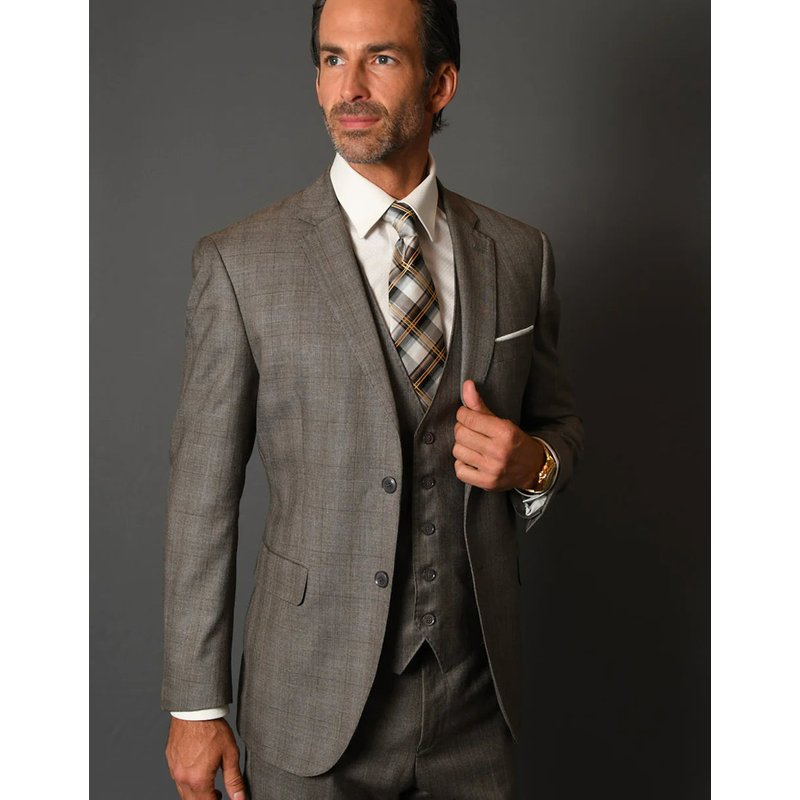 Costume de Groomsmen Beige pour Hommes à 2 Boutons en Plaid — Costumes et vestons pour hommes