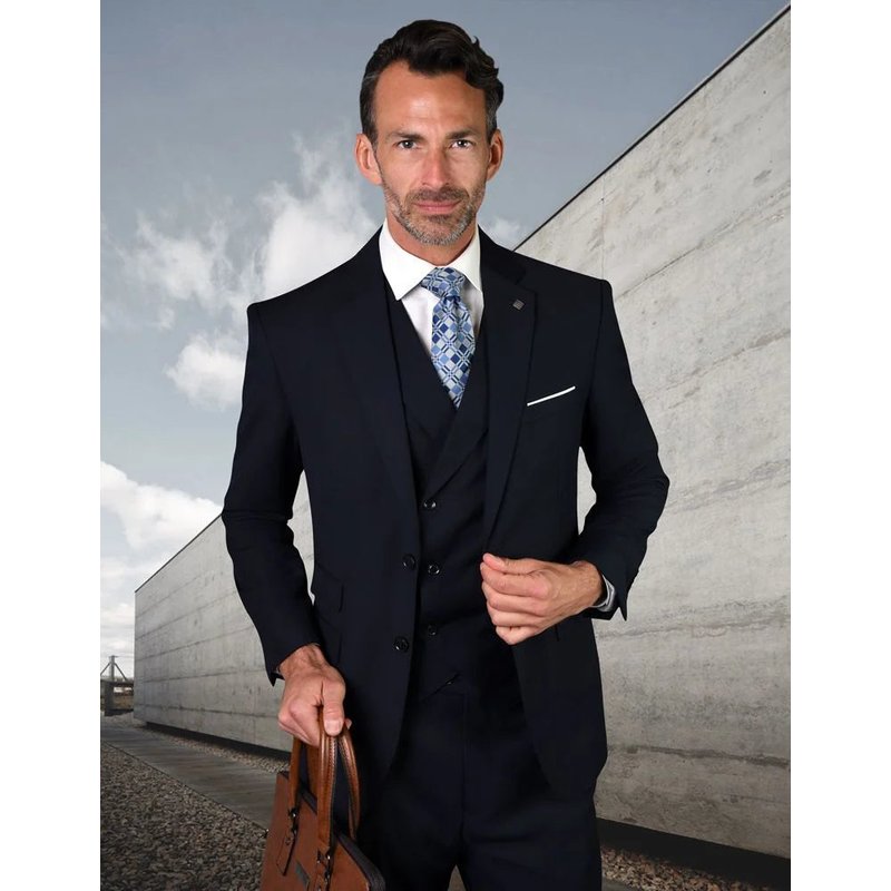 Veste noire pour homme avec gilet croisé et poche ticket — Costumes et vestons pour hommes