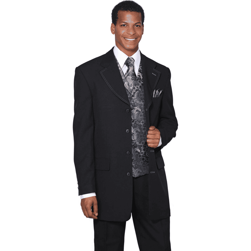 Costume Zoot pour hommes à 4 boutons avec revers large en noir — Costumes et vestons pour hommes