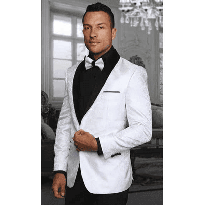 Blazer Jacket à Col Châle Paisley Bicolore Blanc — Costumes et vestons pour hommes