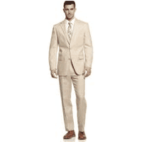 Costume en lin beige pour homme avec revers cranté et fermeture à deux boutons
