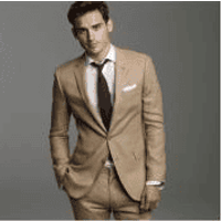 Mens Tan Linen Suit with Notched Lapel and Two-Button Closure