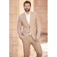 Mens Tan Linen Suit with Notched Lapel and Two-Button Closure — Mens Suits & Blazers