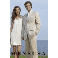 Mens Tan Linen Suit with Notched Lapel and Two-Button Closure