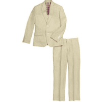 Mens Tan Linen Suit with Notched Lapel and Two-Button Closure