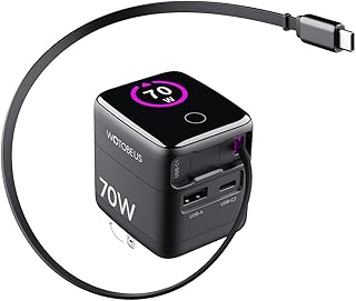 70W GaN USB-C Wall Charger with Retractable Cable and AI Display