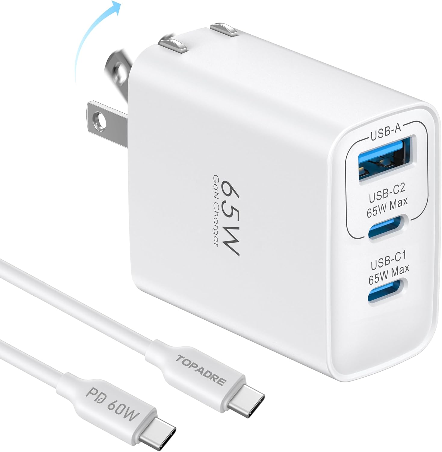 Bloc de charge rapide USB C 65W avec 3 ports et voyant lumineux — Chargeur Rapide Usb C