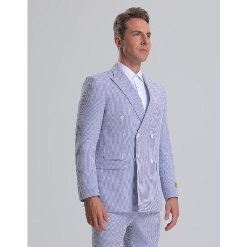 Costume Tuxedo en Seersucker Rayé Bleu d'Alberto Nardoni Store — Costumes et vestons pour hommes