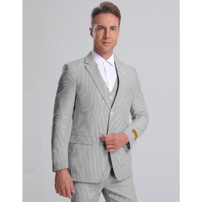 Veste de Tuxedo en Seersucker à Rayures Noires d'Alberto Nardoni — Costumes et vestons pour hommes