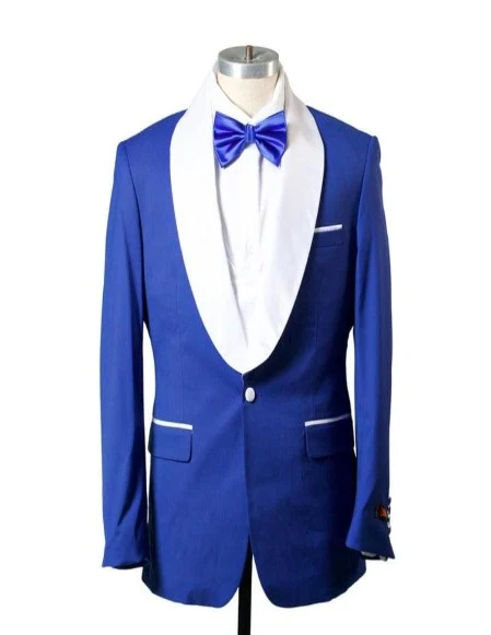 Tuxedo à Revers Châle à Un Bouton avec Gilet - Royal et Blanc — Costumes et vestons pour hommes