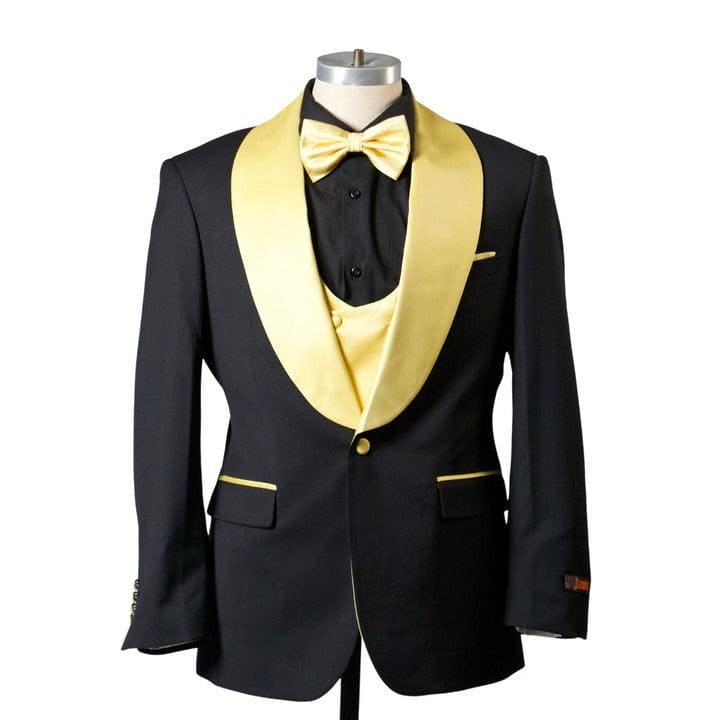1 Button Shawl Lapel Tuxedo with Vest - Black & Gold — Mens Suits & Blazers