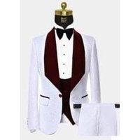 White and Burgundy Tuxedo with Two Flap Front Pockets — Mens Suits & Blazers