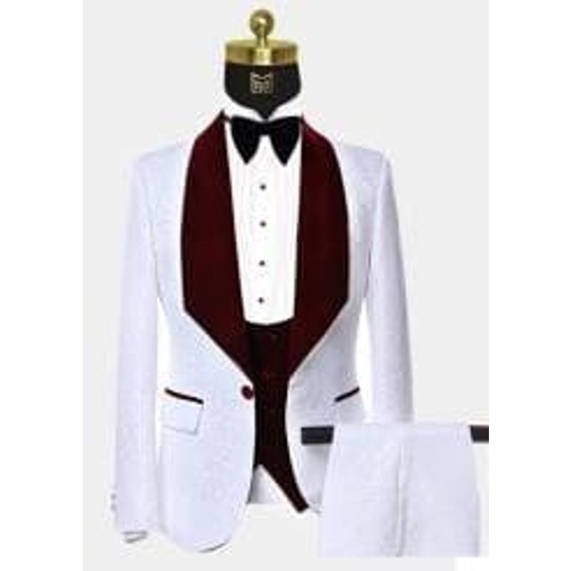 Tuxedo Blanc et Bourgogne avec Deux Poches Avant à Rabat — Costumes et vestons pour hommes
