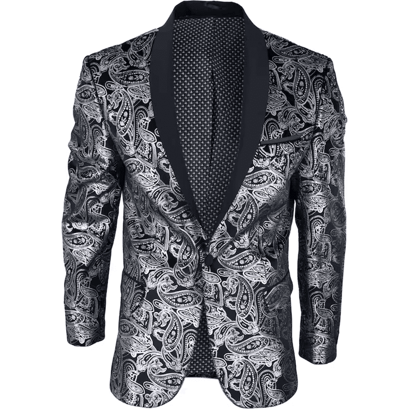 Costume Paisley Argent avec Pantalons Noirs et Nœud Papillon — Costumes et vestons pour hommes