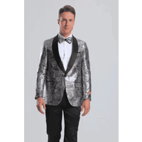 Costume Paisley Argent avec Pantalons Noirs et Nœud Papillon — Costumes et vestons pour hommes