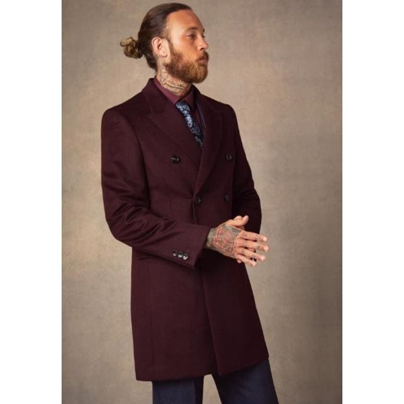 AlbertoNardoniStore Men's Burgundy Double Breasted Peacoat — Winter Jacket Men