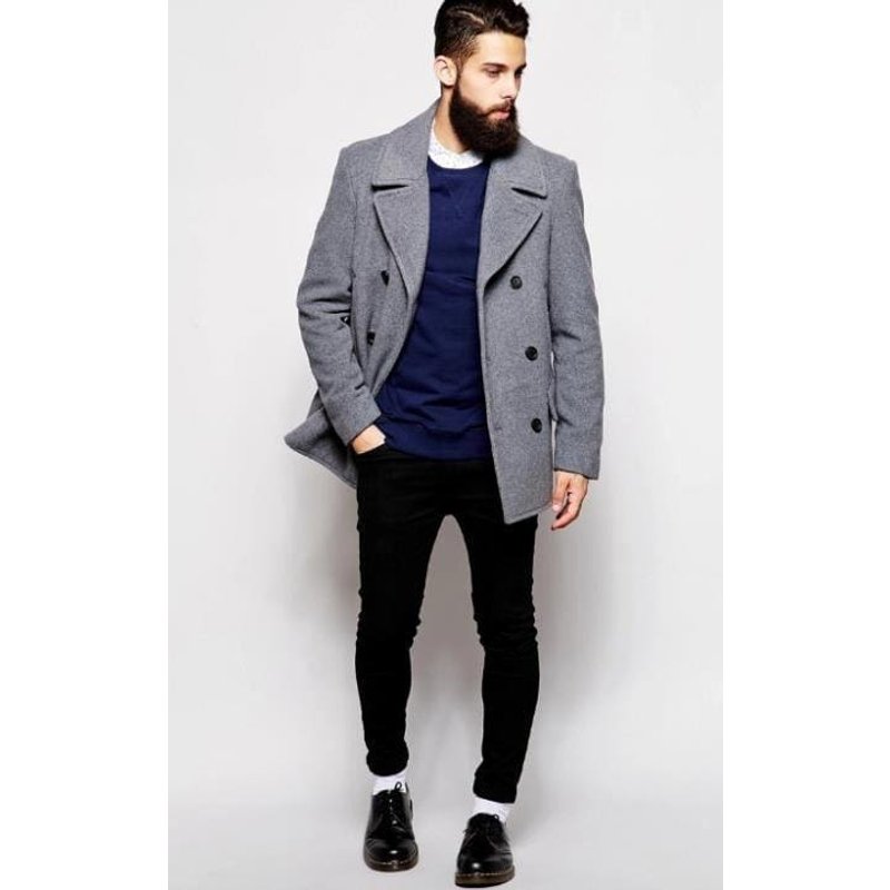 AlbertoNardoniStore Men's Light Grey Wine Double Breasted Peacoat — Winter Jacket Men