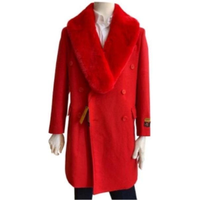 Red Men's Double Breasted Peacoat with Fur Collar — Winter Jacket Men