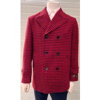 AlbertoNardoniStore Men's Red Peacoat with Houndstooth Pattern — Winter Jacket Men