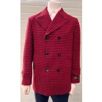 AlbertoNardoniStore Men's Plaid Peacoat - Red Double Breasted Coat