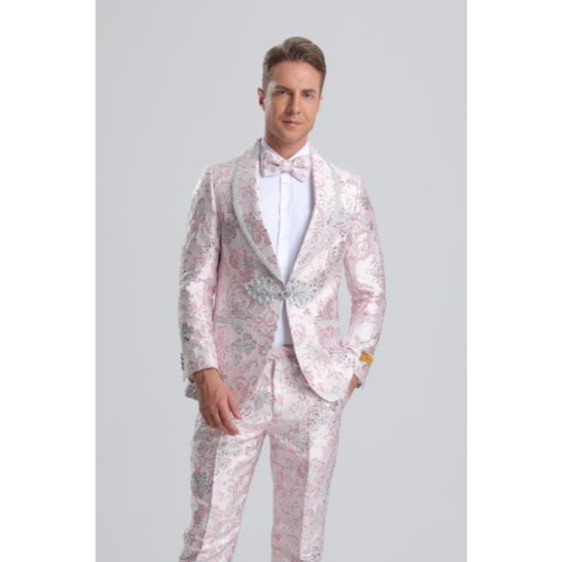 Tuxedo floral paisley rose pour homme avec garniture argentée — Costumes et vestons pour hommes