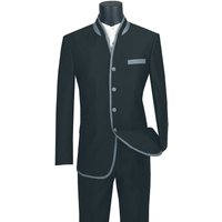 Men's 4 Button Mandarin Tuxedo in Sharkskin Black with Grey Trim — Mens Suits & Blazers