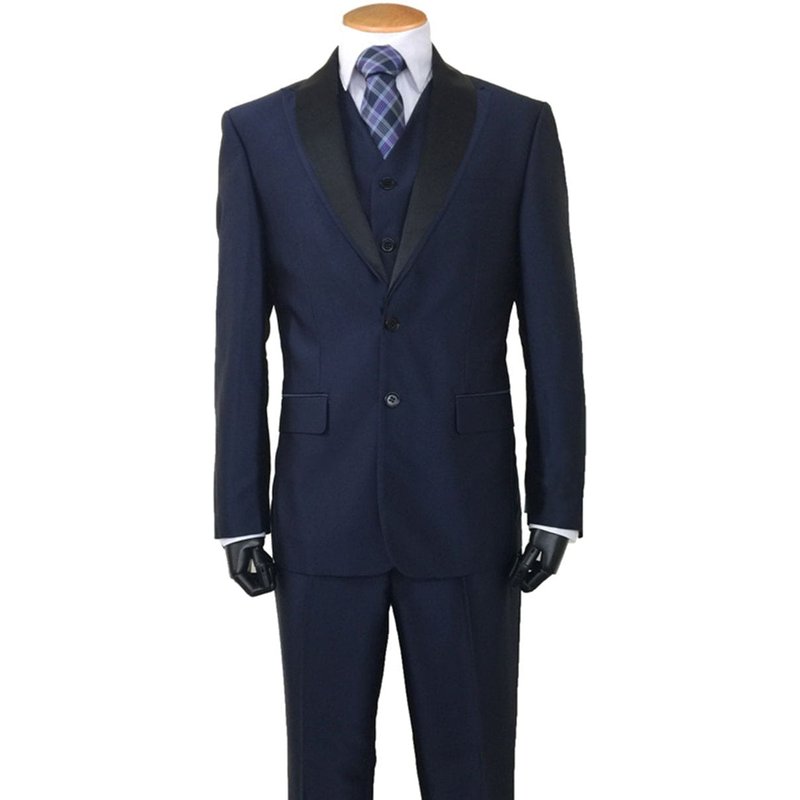 Navy Sharkskin Suit Men's 2 Button Tuxedo with Satin Shawl — Mens Suits & Blazers